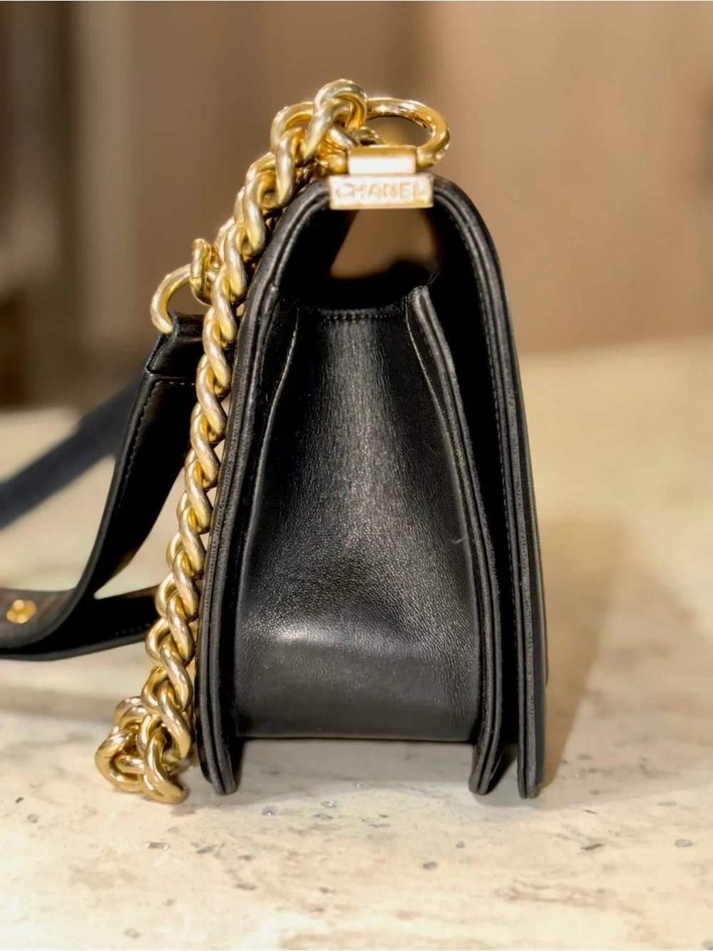 Chanel Boy Medium Black Quilted Lammakin Chain Shoulder Bag with Gold Hardware